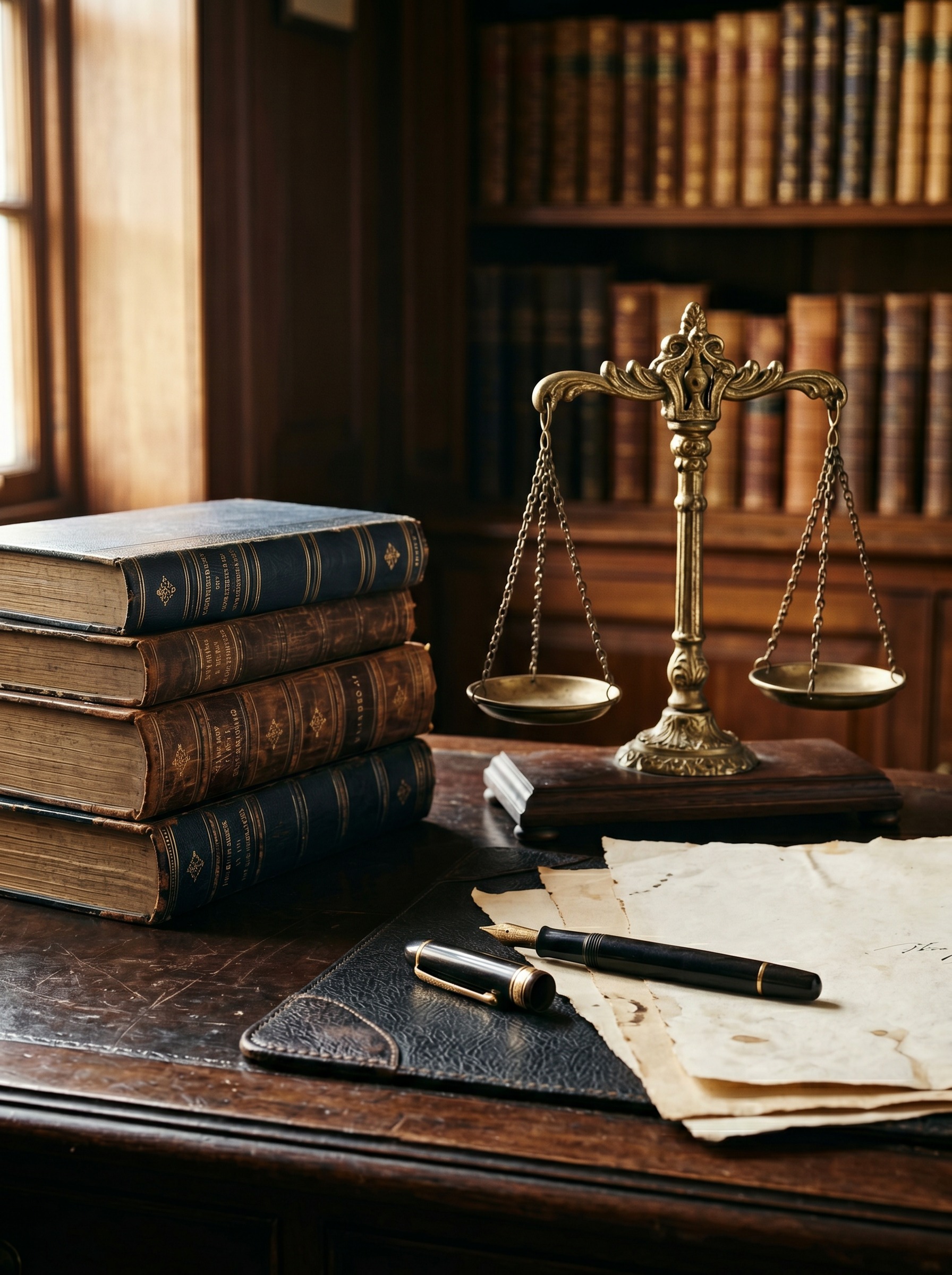 Mesa clássica de advocacia com livros jurídicos, caneta tinteiro e balança da justiça